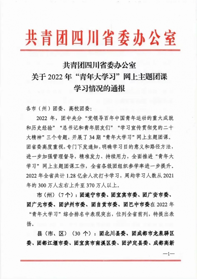 至尊国际zz7022“青年大学习”网上主题团课学习情况受到团省委表扬